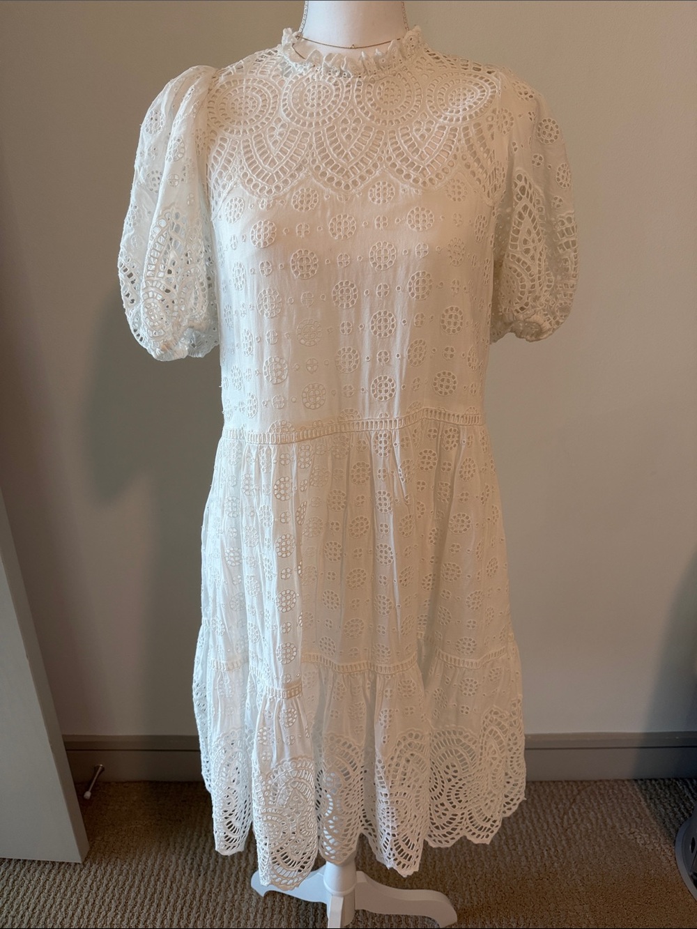 Ulla Johnson Cream Eyelet Puff-Sleeve Mini Dress